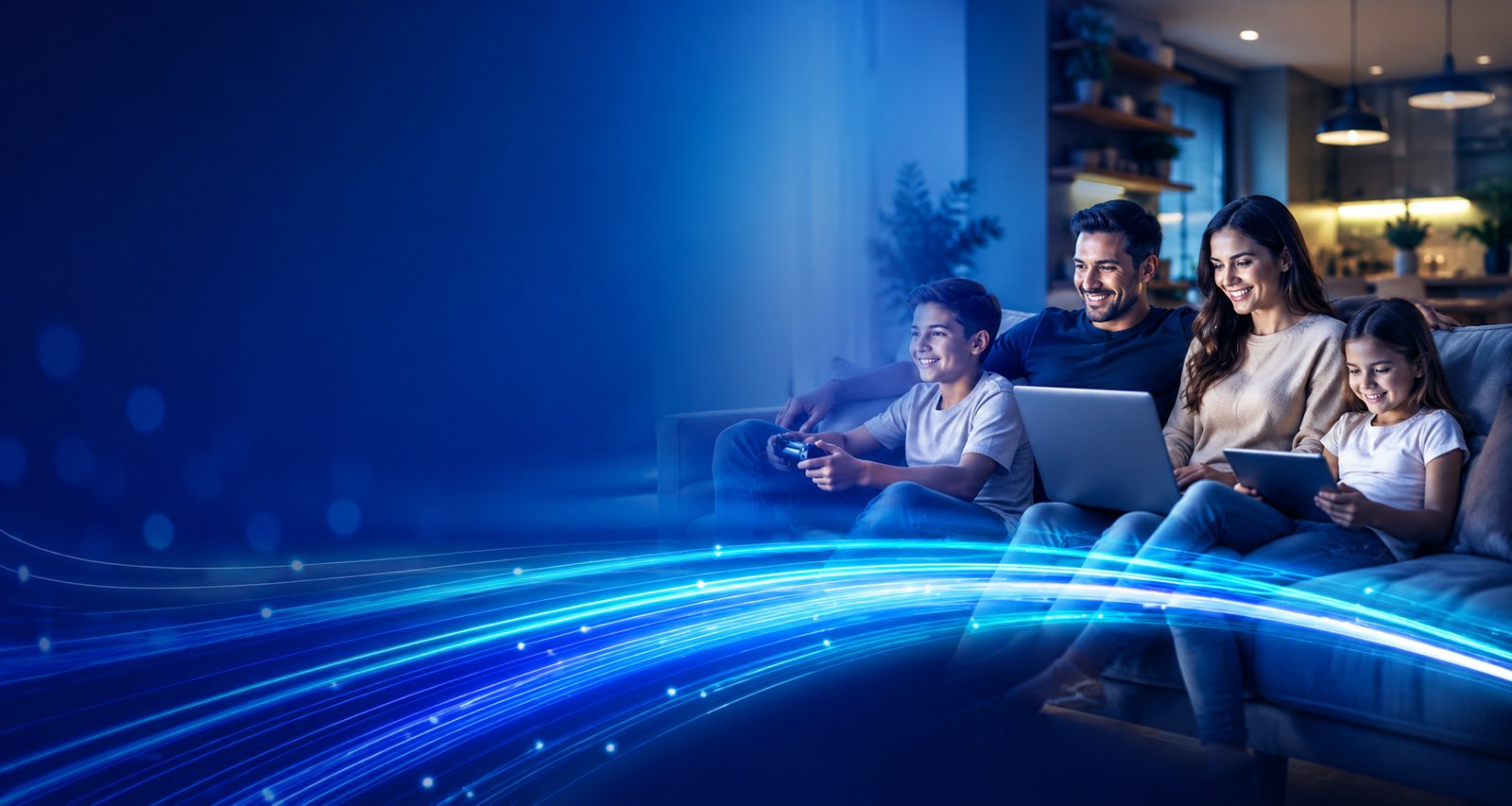 Família no sofá usando notebook, tablet e videogame