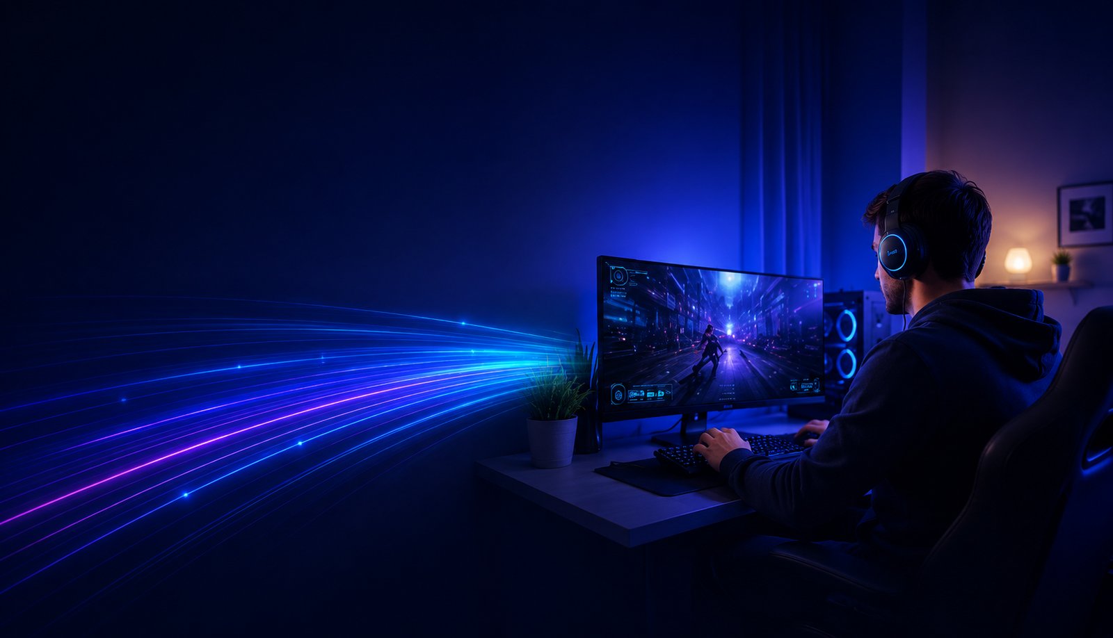 Jogador em partida noturna com setup gamer