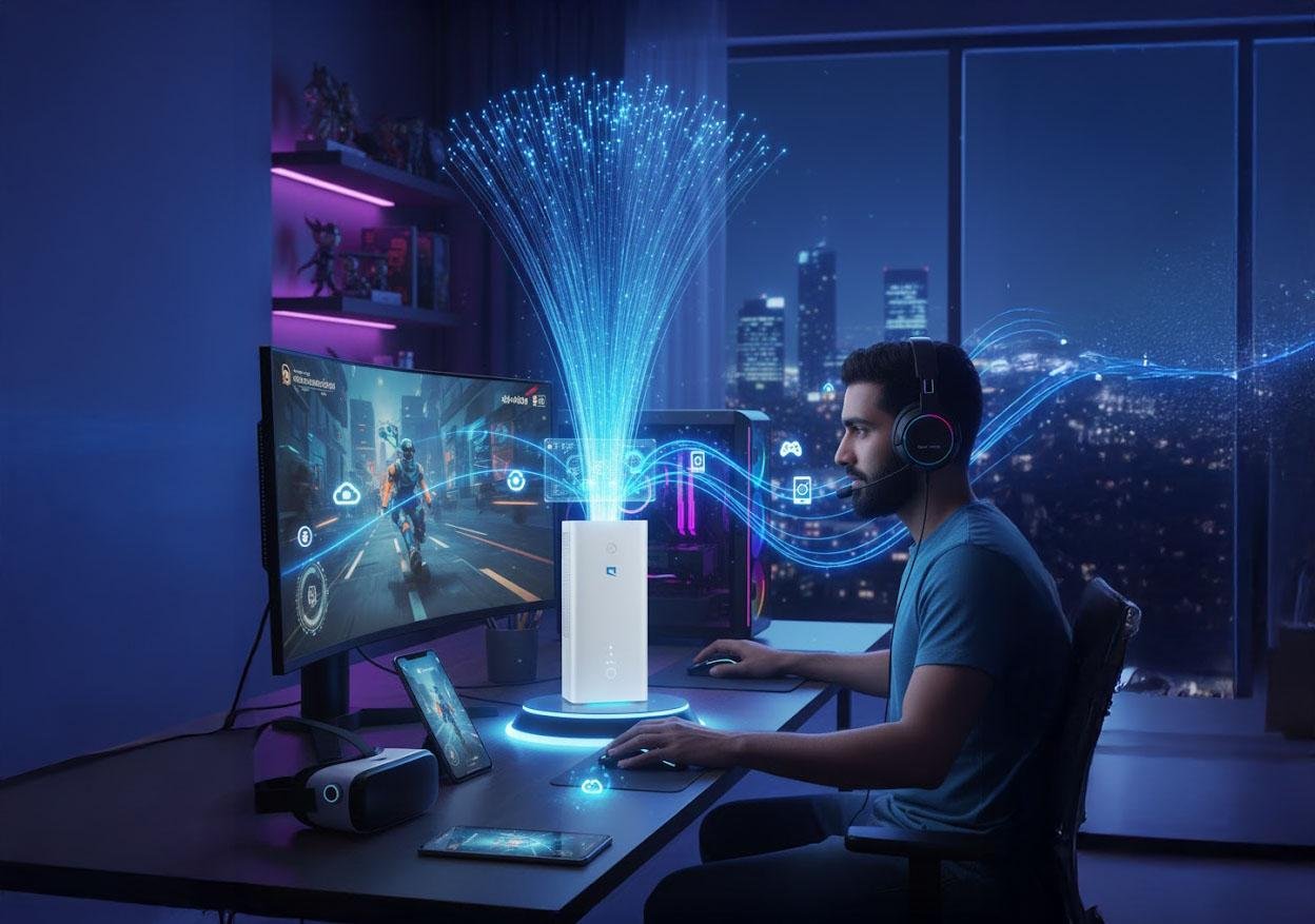 Setup gamer completo conectado à internet de fibra óptica